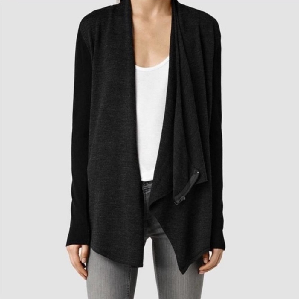 All Saints Black Draped Merino Wool Cardigan Sweater Size 4
